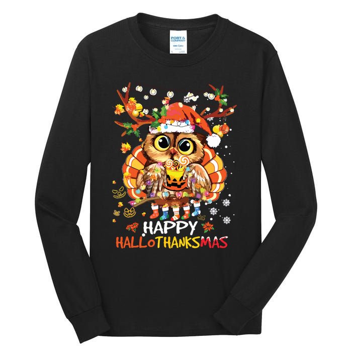 Owl Thankgiving Halloween Christmas Happy Hallothanksmas Tall Long Sleeve T-Shirt