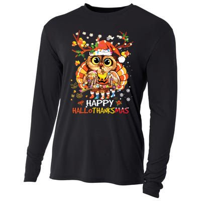 Owl Thankgiving Halloween Christmas Happy Hallothanksmas Cooling Performance Long Sleeve Crew