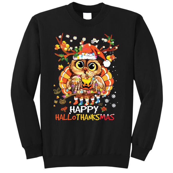 Owl Thankgiving Halloween Christmas Happy Hallothanksmas Tall Sweatshirt