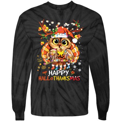 Owl Thankgiving Halloween Christmas Happy Hallothanksmas Tie-Dye Long Sleeve Shirt