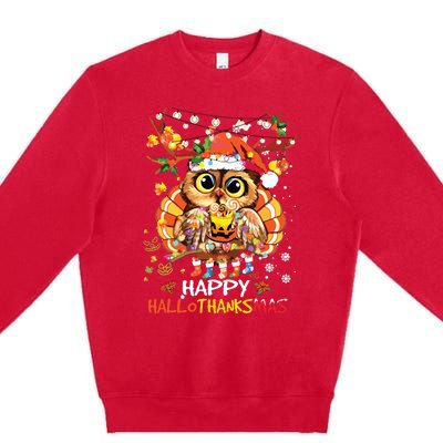 Owl Thankgiving Halloween Christmas Happy Hallothanksmas Premium Crewneck Sweatshirt