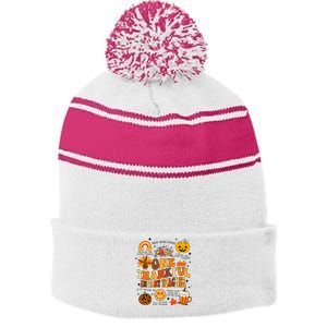 One Thankful Infant Teacher Thanksgiving Retro Groovy Fall Stripe Pom Pom Beanie