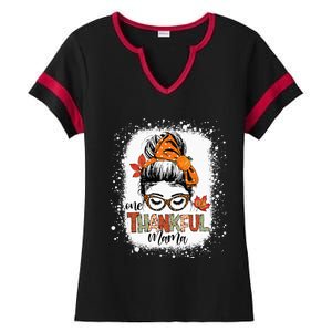 One Thankful Mama Messy Bun Mom Fall Autumn Thanksgiving Ladies Halftime Notch Neck Tee