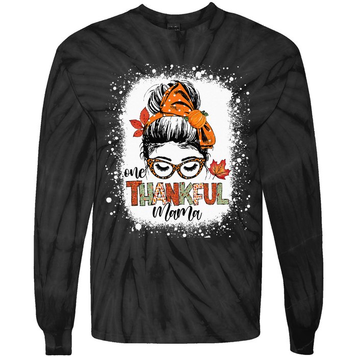 One Thankful Mama Messy Bun Mom Fall Autumn Thanksgiving Tie-Dye Long Sleeve Shirt