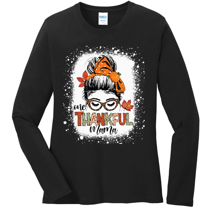 One Thankful Mama Messy Bun Mom Fall Autumn Thanksgiving Ladies Long Sleeve Shirt