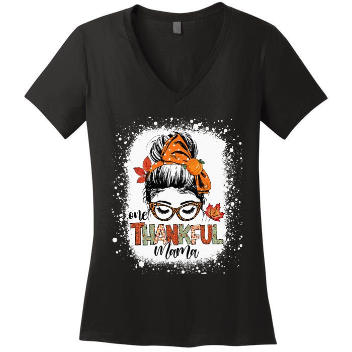 One Thankful Mama Messy Bun Mom Fall Autumn Thanksgiving Women's V-Neck T-Shirt