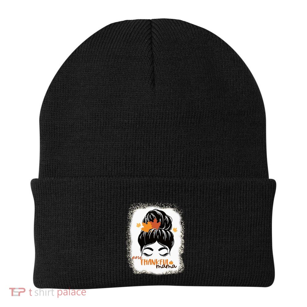 One Thankful Mama Bleached Messy Bun Fall Cute Thanksgiving Gift Beanie