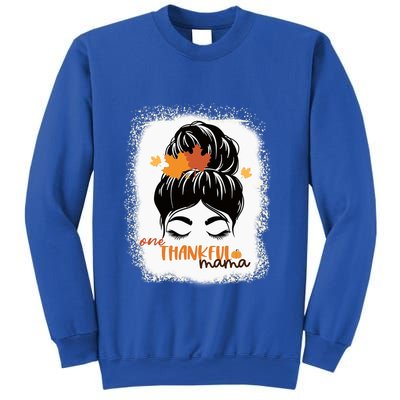One Thankful Mama Bleached Messy Bun Fall Cute Thanksgiving Gift Sweatshirt