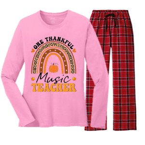 One Thankful Music Teacher Thanksgiving Rainbow Leopard Fall Women's Long Sleeve Flannel Pajama Set 