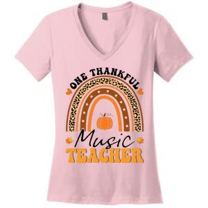 One Thankful Music Teacher Thanksgiving Rainbow Leopard Fall Women's V-Neck T-Shirt