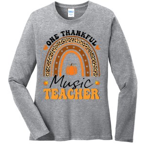 One Thankful Music Teacher Thanksgiving Rainbow Leopard Fall Ladies Long Sleeve Shirt