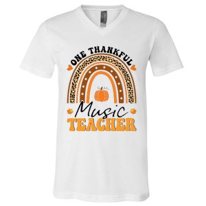 One Thankful Music Teacher Thanksgiving Rainbow Leopard Fall V-Neck T-Shirt