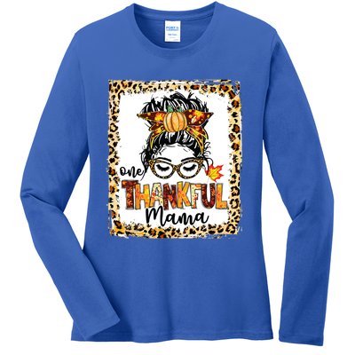 One Thankful Mama Messy Bun Fall Cute Thanksgiving Cool Gift Ladies Long Sleeve Shirt