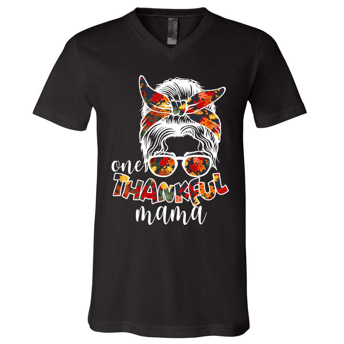 One Thankful Mama Fall Hair Bun V-Neck T-Shirt