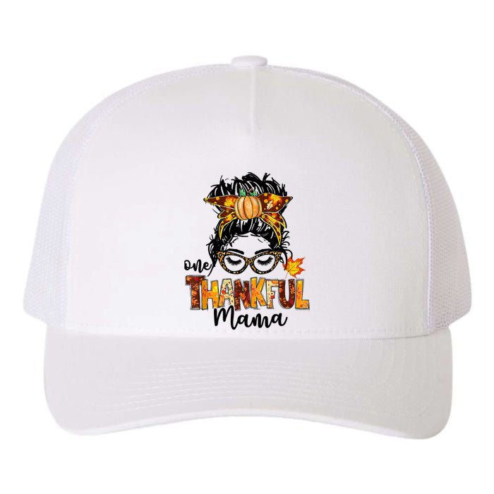 One Thankful Mama Funny Messy Bun Fall Autumn Thanksgiving Yupoong Adult 5-Panel Trucker Hat