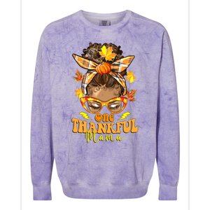 One Thankful Mama Leopard Messy Bun Autumn Thanksgiving Day Colorblast Crewneck Sweatshirt