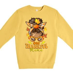 One Thankful Mama Leopard Messy Bun Autumn Thanksgiving Day Premium Crewneck Sweatshirt