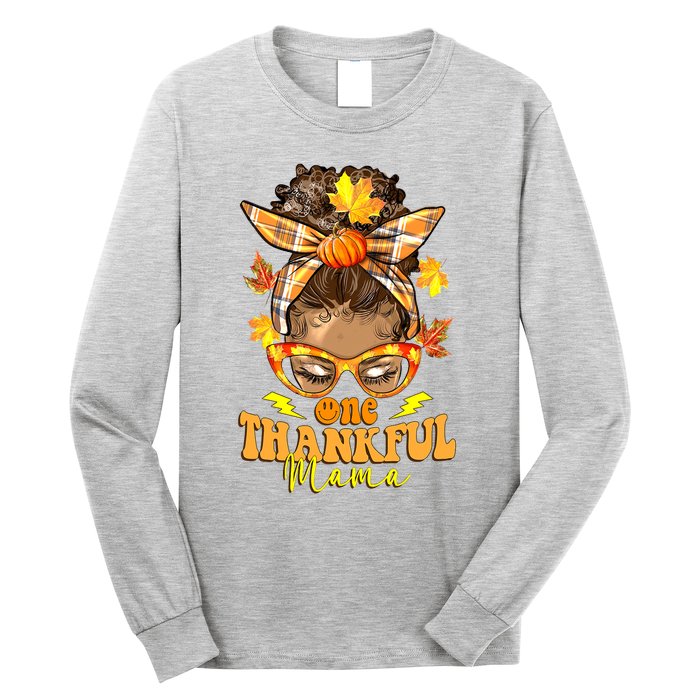 One Thankful Mama Leopard Messy Bun Autumn Thanksgiving Day Long Sleeve Shirt