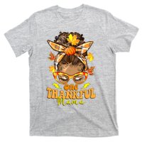 One Thankful Mama Leopard Messy Bun Autumn Thanksgiving Day T-Shirt