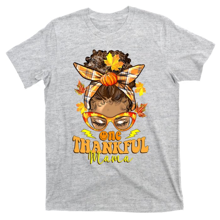 One Thankful Mama Leopard Messy Bun Autumn Thanksgiving Day T-Shirt