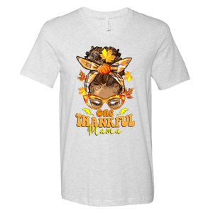 One Thankful Mama Leopard Messy Bun Autumn Thanksgiving Day V-Neck T-Shirt