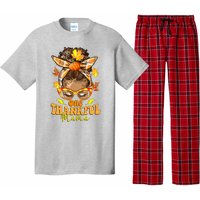 One Thankful Mama Leopard Messy Bun Autumn Thanksgiving Day Pajama Set