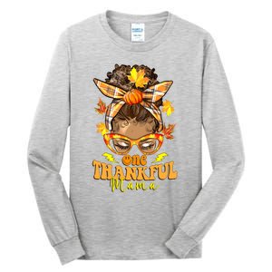 One Thankful Mama Leopard Messy Bun Autumn Thanksgiving Day Tall Long Sleeve T-Shirt