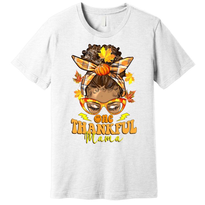 One Thankful Mama Leopard Messy Bun Autumn Thanksgiving Day Premium T-Shirt