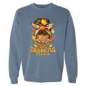 One Thankful Mama Leopard Messy Bun Autumn Thanksgiving Day Garment-Dyed Sweatshirt