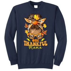 One Thankful Mama Leopard Messy Bun Autumn Thanksgiving Day Sweatshirt