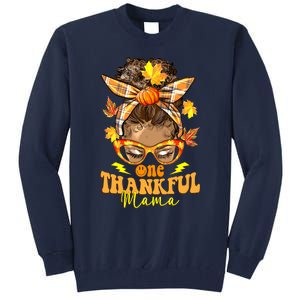 One Thankful Mama Leopard Messy Bun Autumn Thanksgiving Day Tall Sweatshirt