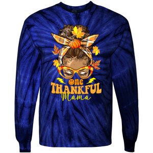 One Thankful Mama Leopard Messy Bun Autumn Thanksgiving Day Tie-Dye Long Sleeve Shirt