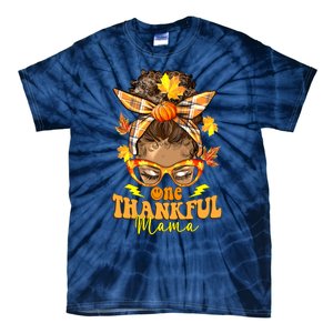 One Thankful Mama Leopard Messy Bun Autumn Thanksgiving Day Tie-Dye T-Shirt