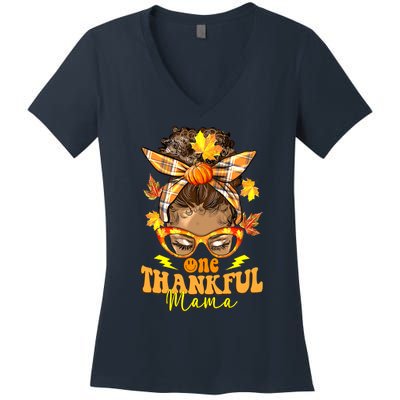 One Thankful Mama Leopard Messy Bun Autumn Thanksgiving Day Women's V-Neck T-Shirt