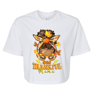 One Thankful Mama Leopard Messy Bun Autumn Thanksgiving Day Bella+Canvas Jersey Crop Tee