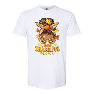 One Thankful Mama Leopard Messy Bun Autumn Thanksgiving Day Softstyle CVC T-Shirt