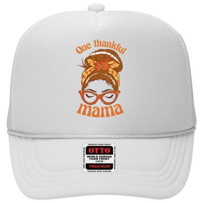 One Thankful Mama Autumn Festive Hair Bun High Crown Mesh Back Trucker Hat