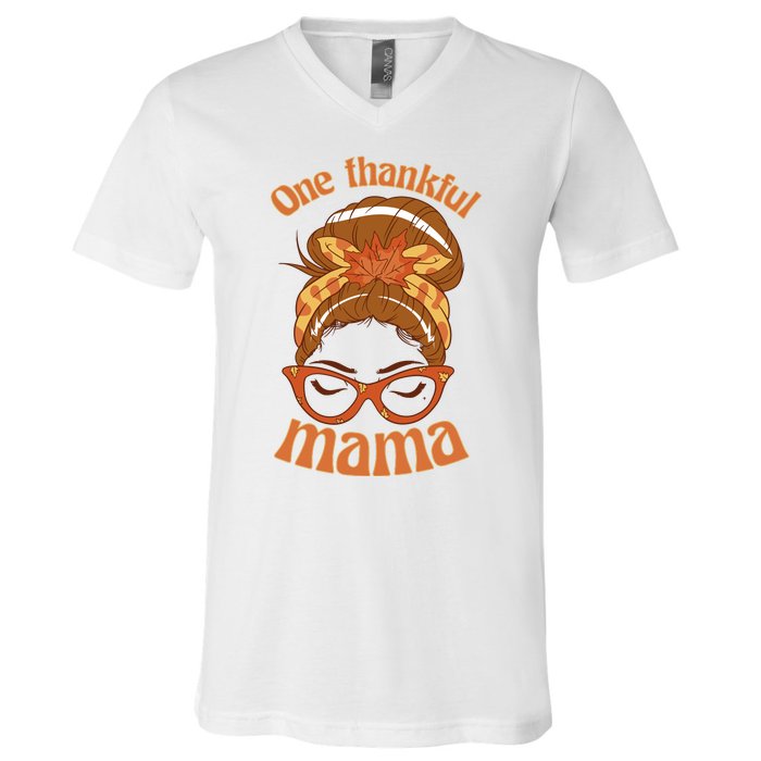 One Thankful Mama Autumn Festive Hair Bun V-Neck T-Shirt