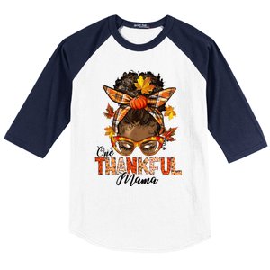 One Thankful Mama Black Messy Bun Fall Autumn Thanksgiving  Baseball Sleeve Shirt