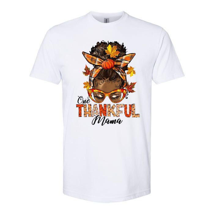 One Thankful Mama Black Messy Bun Fall Autumn Thanksgiving  Softstyle CVC T-Shirt