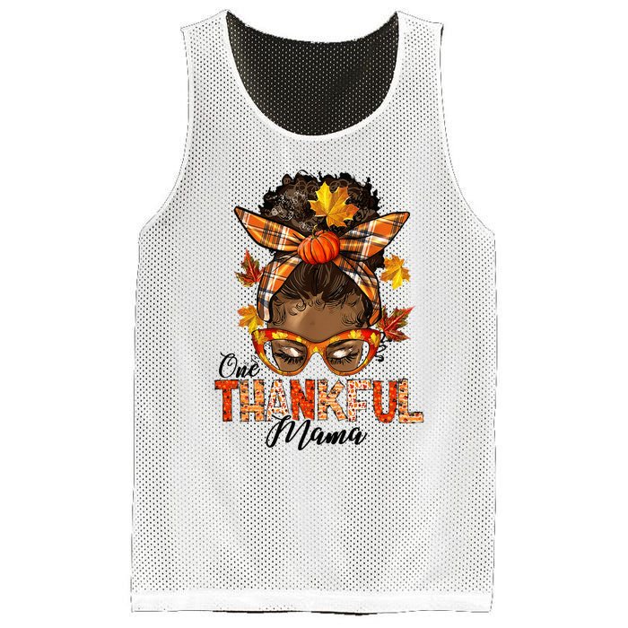 One Thankful Mama Black Messy Bun Fall Autumn Thanksgiving  Mesh Reversible Basketball Jersey Tank