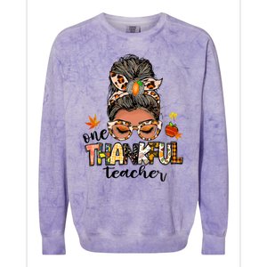 One Thankful Mama Messy Bun Leopard Mom Fall Thanksgiving Colorblast Crewneck Sweatshirt