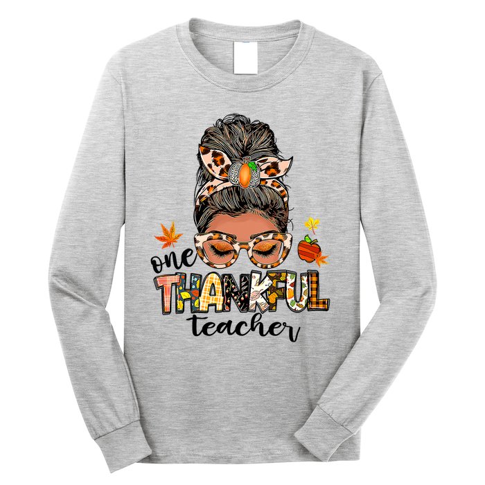 One Thankful Mama Messy Bun Leopard Mom Fall Thanksgiving Long Sleeve Shirt