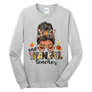 One Thankful Mama Messy Bun Leopard Mom Fall Thanksgiving Tall Long Sleeve T-Shirt