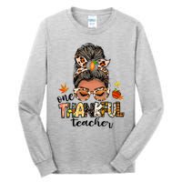 One Thankful Mama Messy Bun Leopard Mom Fall Thanksgiving Tall Long Sleeve T-Shirt