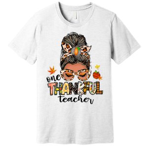 One Thankful Mama Messy Bun Leopard Mom Fall Thanksgiving Premium T-Shirt