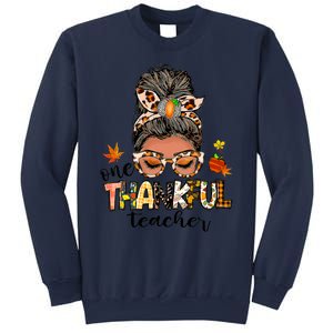 One Thankful Mama Messy Bun Leopard Mom Fall Thanksgiving Sweatshirt