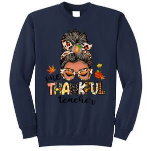 One Thankful Mama Messy Bun Leopard Mom Fall Thanksgiving Tall Sweatshirt