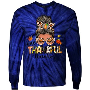 One Thankful Mama Messy Bun Leopard Mom Fall Thanksgiving Tie-Dye Long Sleeve Shirt