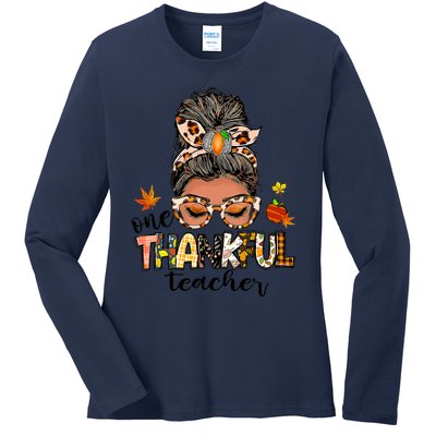 One Thankful Mama Messy Bun Leopard Mom Fall Thanksgiving Ladies Long Sleeve Shirt